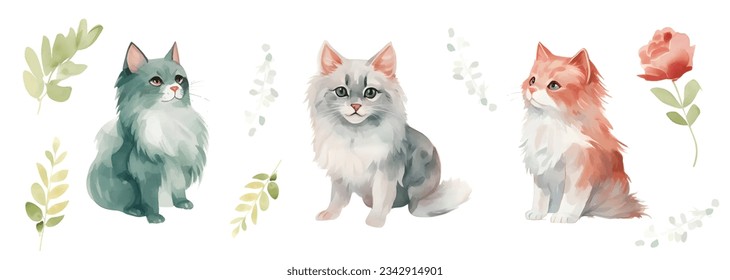 Draw vector illustration character design banner cute cat. Watercolor style. Vector 