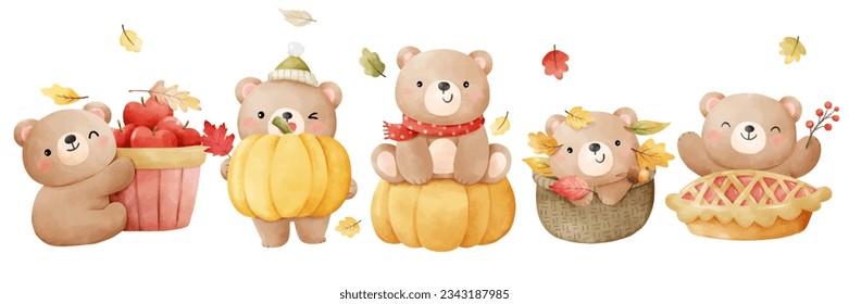 Draw vector illustration character design banner cute bear in fall autumn season Watercolor style