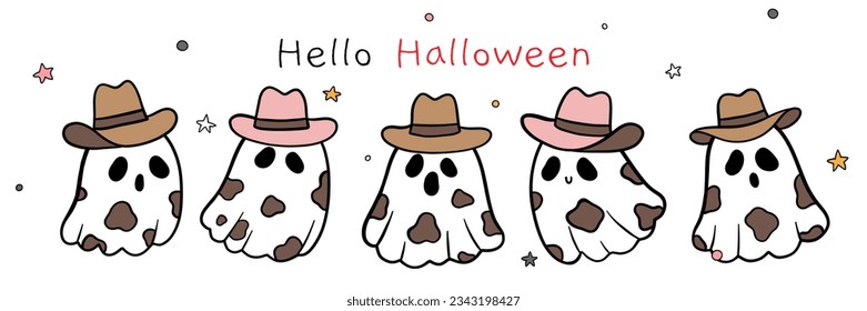 Draw vector illustration character design banner cowboy ghost For halloween Western concept Doodle cartoon style