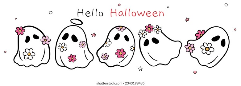 Draw vector illustration character design banner cute daisy ghost flower For halloween Doodle cartoon style