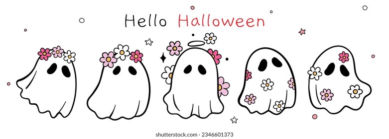 Draw vector illustration character design banner daisy ghost flower For halloween Doodle cartoon style