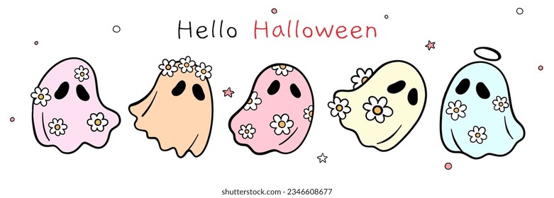 Draw vector illustration character design banner adorable daisy ghost Pastel color For halloween Doodle cartoon style