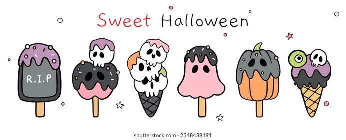 Draw vector illustration character design banner cute spooky ice cream For halloween Doodle cartoon style