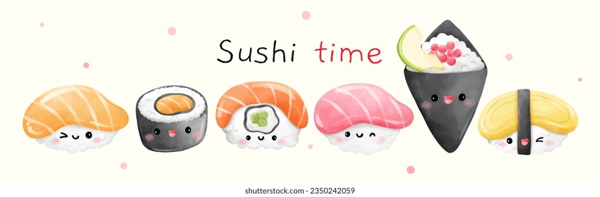 Draw vector illustration character design banner cute sushi Japanese food Watercolor painting style