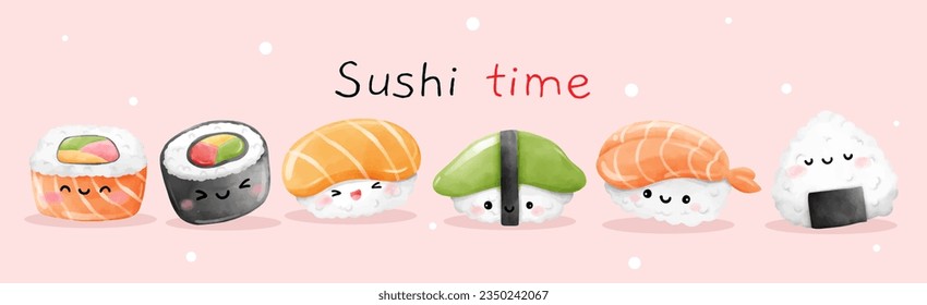 Draw vector illustration character design banner funny sushi Japanese food Watercolor painting style