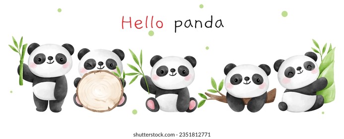 Draw vector illustration character design banner baby panda with bamboo For birthday kids Watercolor style