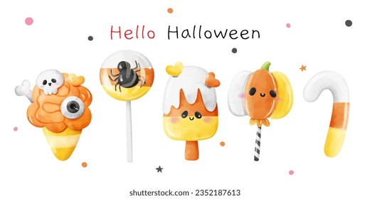 Draw vector illustration character design banner spooky candy corn For halloween Watercolor style