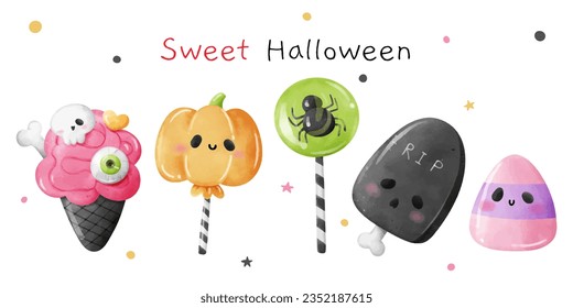 Draw vector illustration character design banner spooky candy For halloween Watercolor style