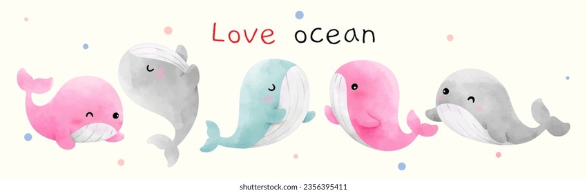 Draw vector illustration character design banner baby pastel whale Sea animal for kids Watercolor style