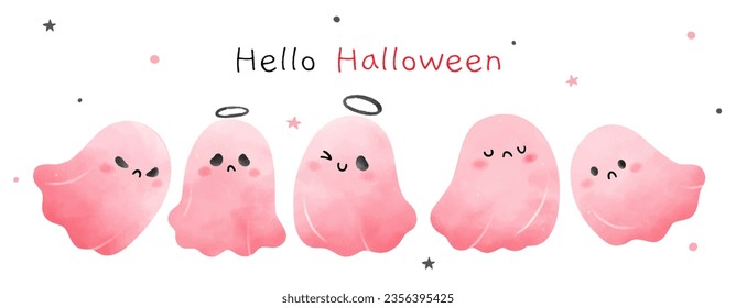 Draw vector illustration character design banner pink ghost For halloween Watercolor style