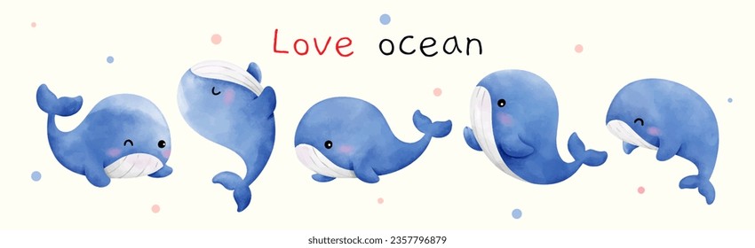 Dibujar ilustración vectorial caracter diseño pancarta bebé ballena azul Mar animal para niños Estilo acuarela