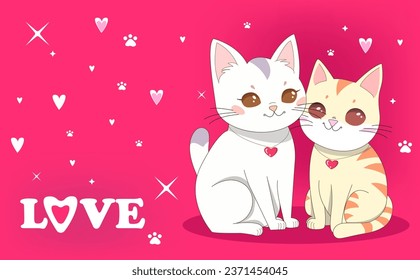 Draw vector illustration character design couple love of cats. Valentine day art cartoon style for postcard or poster. White and beige cute love cats on Pink background