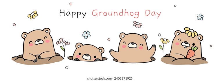 Draw vector illustration character design banner cute groundhog in hole February to greet spring Doodle cartoon style