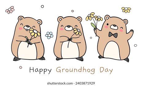 Draw vector illustration character design banner happy groundhog day February to greet spring Doodle cartoon style