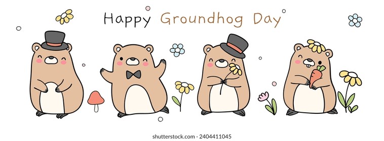 Draw vector illustration character design banner cute groundhog day February to greet spring Doodle cartoon style