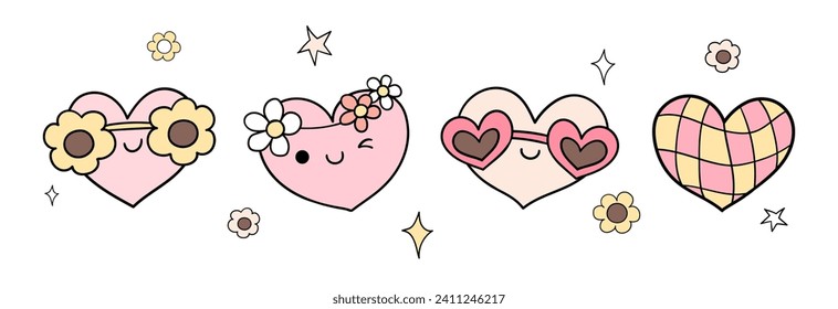 Draw vector illustration character design banner trendy groovy heart Retro valentines day Doodle style