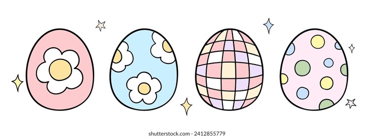 Draw vector illustration character design cute groovy eggs For Easter Spring Doodle cartoon style