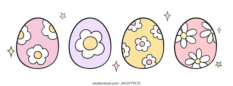 Draw vector illustration character design groovy flower eggs For Easter Spring Doodle cartoon style