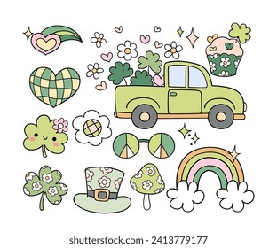 Draw vector illustration character design collection cute groovy st patricks day Rerto element Clover Lucky vibes Doodle cartoon style