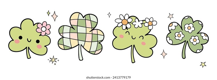 Draw vector illustration character design retro shamrock Groovy st patricks day Cute clover Lucky vibes Doodle cartoon style