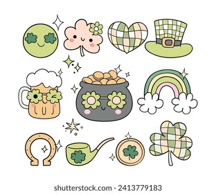 Draw vector illustration character design collection Groovy st patricks day Rerto clover Lucky vibes Doodle cartoon style