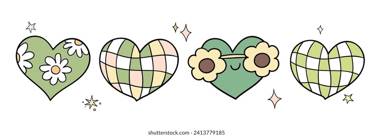 Draw vector illustration character design cute retro heart Groovy st patricks day Spring season Doodle cartoon style