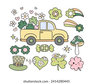 Draw vector illustration character design collection Groovy st patricks day Rerto element Clover Lucky vibes Doodle cartoon style