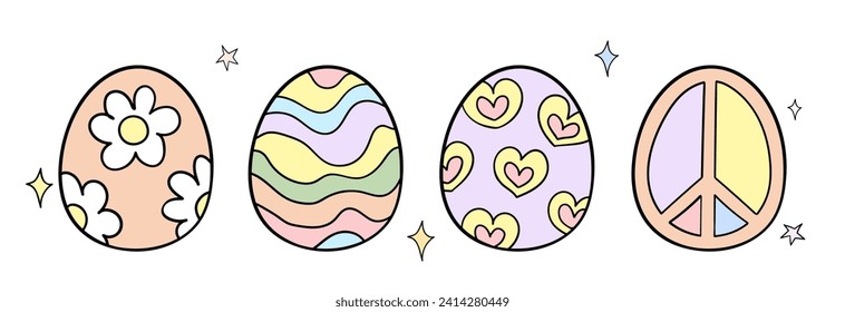 Draw vector illustration character design sweet groovy eggs For Easter Spring Doodle cartoon style