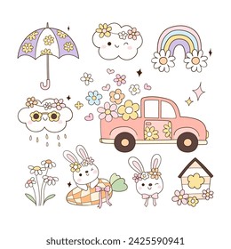 Draw vector illustration character design collection groovy spring Rerto element Bunny Rainbow Clound Flower Doodle cartoon style