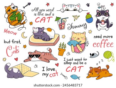 Dibujar pegatinas de colección de diseño de personajes de Ilustración vectorial con gatos divertidos Doodle estilo de dibujos animados aislado sobre fondo blanco