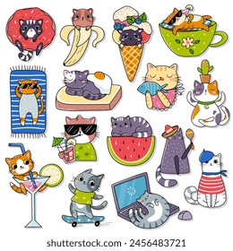 Draw vector illustration character design collection stickers funny cats Doodle cartoon style isolated on white background.