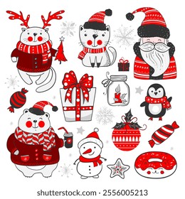 Draw vector illustration character design cute animals for Christmas and new year Doodle cartoon style. Cat, deer, snowman, bear, Santa, penguin