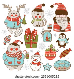 Draw vector illustration character design cute animals for Christmas and new year Doodle cartoon style. Cat, deer, snowman, bear, Santa, penguin