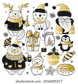 Draw vector illustration character design cute animals for Christmas and new year Doodle cartoon style. Cat, deer, snowman, bear, Santa, penguin