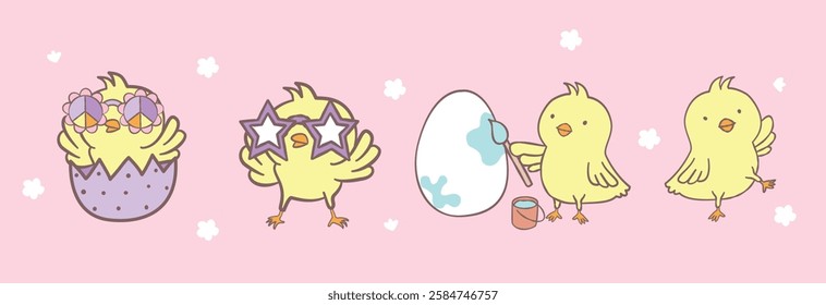 Draw vector illustration character design banner cute chicks for easter and spring Doodle cartoon style