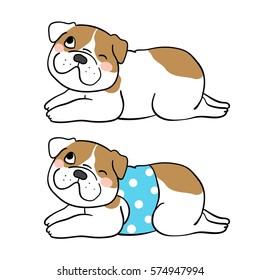 Draw vector illustration character design of happy bulldog doodle style.