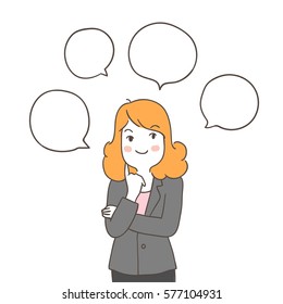 Draw vector illustration character design business woman thinking and speech bubble.Doodle cartoon style.