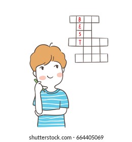 Draw vector illustration character design a boy thinking about Crossword Puzzle Doodle style.