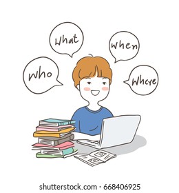 Draw vector illustration character design a boy has a good time to do homework with laptop and speech bubble.