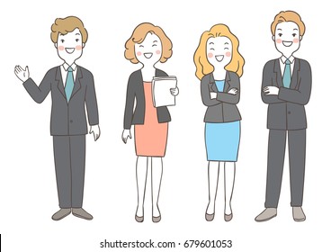 Draw vector illustration character design different pose of business man and woman.Doodle cartoon style.