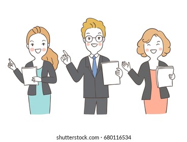 Draw vector illustration character design different pose of business man and woman for present.Doodle style.