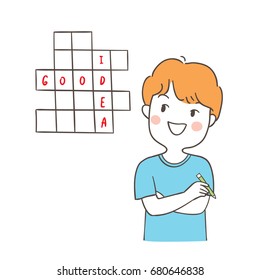 Draw vector illustration character design a boy thinking about Crossword Puzzle and has a good idea.Doodle style.