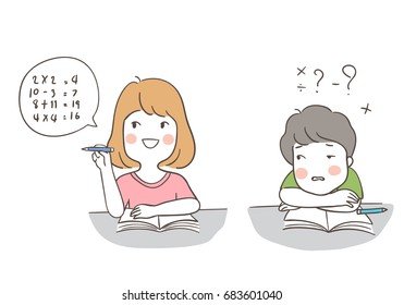 Draw vector illustration character design different pose of a boy and a girl  has to do math in classroom.