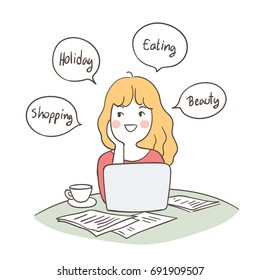 Draw vector illustration character design of business woman planning for holiday.Doodle style.