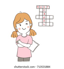 Draw vector illustration character design a girl  thinking about Crossword Puzzle.Doodle cartoon style.