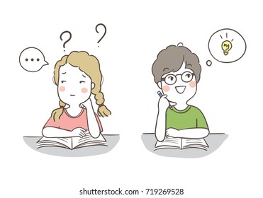Draw vector illustration character design different pose a boy and a girl has to do homework,good idea and confused.Doodle cartoon style.
