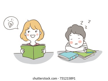 Draw vector illustration character design different pose a boy sleeping and a girl has a good idea to do homework.Doodle cartoon style.