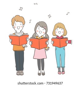 Draw  vector illustration character design kids singing Christmas Carols.Doodle cartoon style.