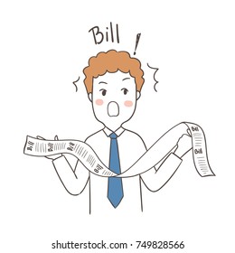 Draw vector illustration character design business man shocked from bill in his hand.Doodle cartoon style.