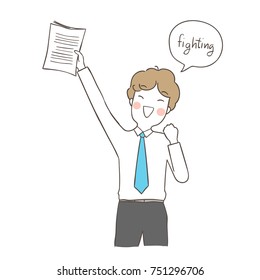 Draw vector illustration character design business man holding paper and saying fighting in speech bubble.Doodle cartoon style.